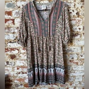 Knox Rose Pink and Green Floral V-Neck Tiered Tunic